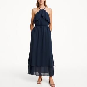 H&M Navy Blue Chiffon Sleeveless Halter Tiered Frilly Party Wedding Maxi Dress 8